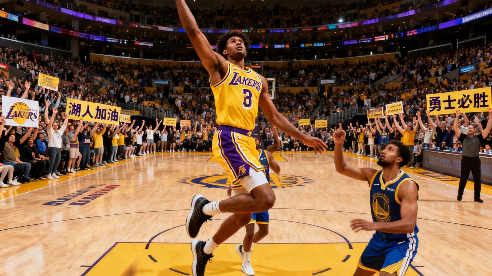 NBA夏季联赛湖人队对阵勇士队，湖人新秀控卫突破防守飞身扣篮，球馆内观众席爆满气氛热烈
